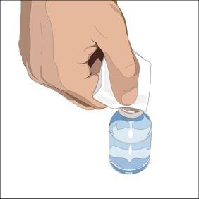 Mano che rimuove il tappo protettivo da un flacone blu di medicinale liquido trasparente