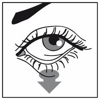 Occhio umano stilizzato con ciglia e pupilla visibili, freccia grigia rivolta verso il basso e ombra sotto l