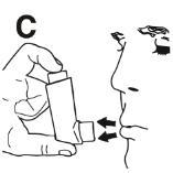 Mano che tiene un inalatore vicino alla bocca con frecce che indicano la direzione dell