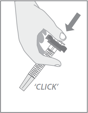 Mano che inserisce un dispositivo autoiniettante con una cartuccia graduata e si sente un click di conferma