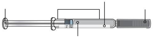 Siringa preriempita con stantuffo visibile, indicazioni numeriche e scala graduata sul cilindro trasparente