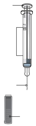 Siringa trasparente con ago, stantuffo e scala graduata, indicata con frecce e dettagliata con un cilindro inferiore grigio