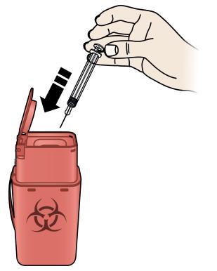 Siringa con ago che si avvicina a un contenitore rosso per rifiuti speciali con simbolo biohazard e freccia nera indicante la direzione