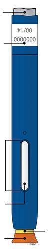 Penna iniettabile blu con etichetta bianca, pulsante di attivazione rettangolare e indicatore di dose numerico