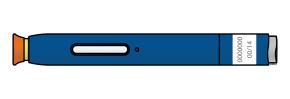 Penna iniettabile blu con punta arancione e finestra di visualizzazione del dosaggio con codice 00L/000