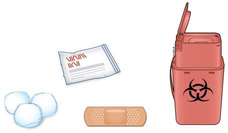 Contenitore rosso per rifiuti speciali con simbolo biohazard, bustina bianca, batuffoli di cotone, cerotto e tampone medico