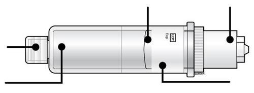 Dispositivo medico cilindrico bianco con indicatori e pulsanti, evidenziato da linee e punti neri per illustrarne le componenti