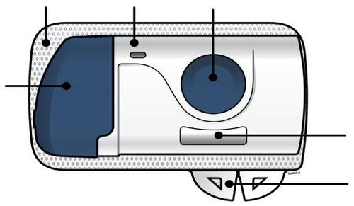Dispositivo medico bianco con aree blu e nere evidenziate da linee e punti, con indicazioni schematiche