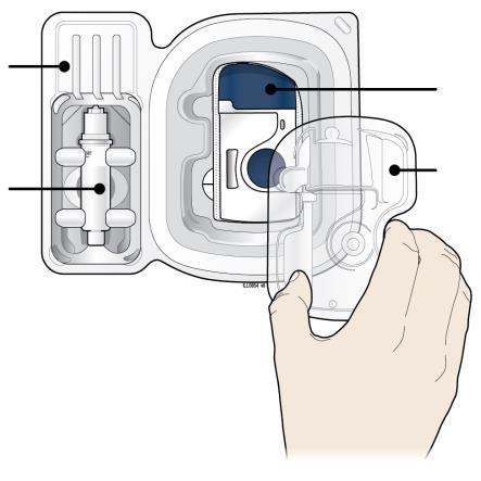 Dispositivo medico con serbatoio trasparente e mano che applica un componente protettivo bianco