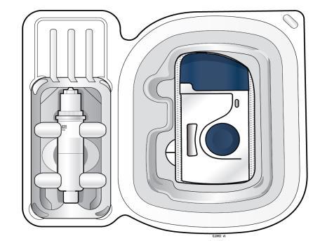 Dispositivo medico in blister trasparente con siringa pre-riempita bianca e cartuccia blu a forma rettangolare