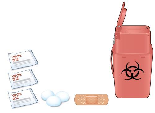 Contenitore rosso per rifiuti speciali con simbolo biohazard, bustine di disinfettante, ovatta, cerotto e guanti bianchi