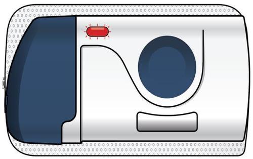 Dispositivo medico blu e bianco con pulsante rosso, area circolare centrale e indicatore luminoso superiore