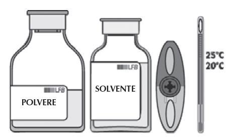Due flaconi uno con polvere e uno con solvente, un dispositivo di misurazione ovale e un termometro graduato da 20 a 25 gradi Celsius