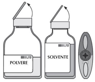 Due flaconi con polvere e solvente etichettati LFB e un tappo di gomma accanto