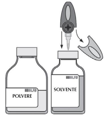 Fiala di polvere e fiala di solvente con ago che penetra nel tappo per la ricostituzione del farmaco