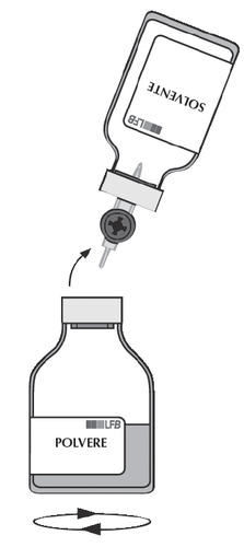 Fiala di solvente collegata tramite ago a flacone contenente polvere medicinale con frecce che indicano la ricostituzione
