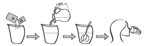 Preparazione di una soluzione: bustina versata in un bicchiere, aggiunta di acqua, agitazione con un cucchiaio e connessione ad un dispositivo medico