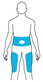 Figura stilizzata del torso umano con evidenziate in blu le zone di iniezione nella coscia e nell