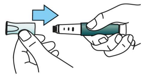 Penna iniettabile con ago protetto da cappuccio blu e mano che preme per l