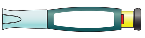 Dispositivo autoiniettante con corpo blu e giallo, estremit&agrave; bianca a forma di U e pulsante rosso laterale