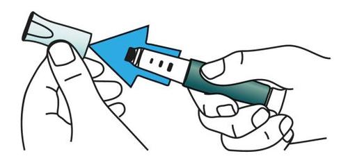 Mano che impugna una siringa preriempita con freccia blu che indica la posizione dell