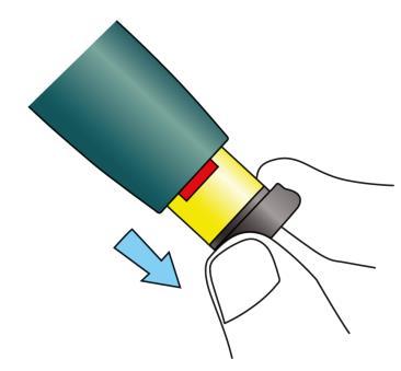 Siringa pre-riempita con stantuffo blu e ago protetto da cappuccio nero freccia blu indica la direzione