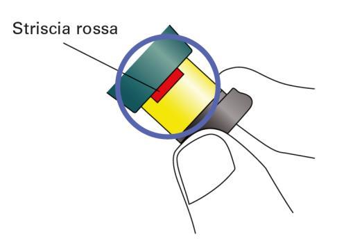 Dispositivo autoiniettante con ago visibile tenuto in mano, evidenziata area rossa e cerchio blu di indicazione