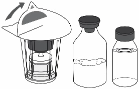 Fiala con protezione rimossa, flacone con liquido e flacone vuoto con tappo nero disposti orizzontalmente