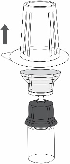 Fiala medicinale con componenti separati: tappo nero, guarnizione, cilindro trasparente e coperchio superiore rimovibile con freccia indicante