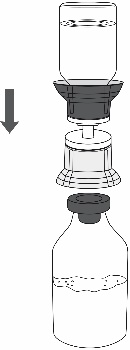 Fiala trasparente con tappo nero e adattatore, freccia nera indica direzione di connessione verso un&rsquo;altra fiala sottostante