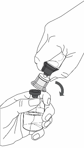 Mano che avvita un tappo nero su un flacone di vetro trasparente con una freccia che indica il movimento di rotazione