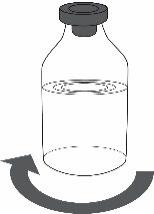 Fiala di vetro trasparente con liquido interno e tappo nero, freccia curva che indica rotazione attorno alla base