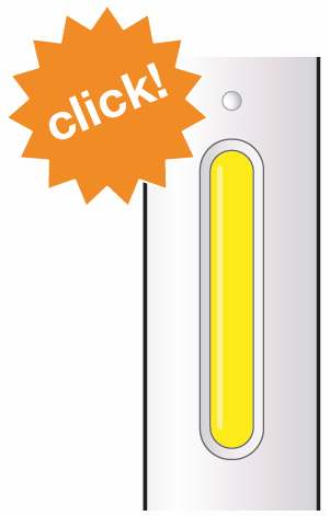 Penna iniettabile bianca con pulsante giallo ovale centrale e scritta arancione &ldquo;click!&rdquo; a forma di stella