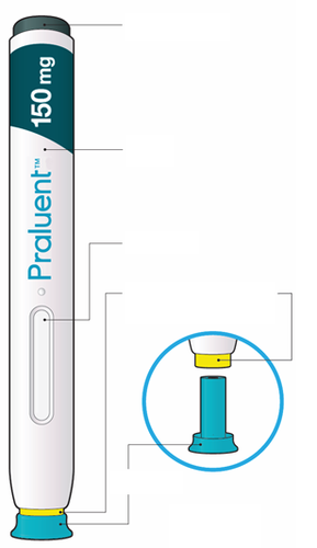 Penna per iniezione preraffillata blu e bianca con indicazione 150mg e dettagli ingranditi sull