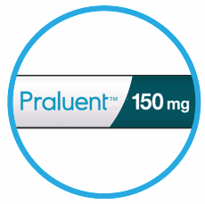 Confezione di farmaco Praluent 150mg con sfondo bianco e bordo circolare azzurro