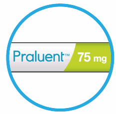 Confezione di farmaco Praluent 75mg con sfondo bianco e bordo circolare blu