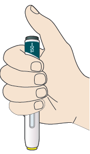 Mano che tiene un dispositivo per iniezione con indicatore 50 e pulsante verde, pronto per l