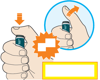 Mano che tiene un dispositivo per iniezione precompilato con freccia arancione e angolo di 150 gradi indicato