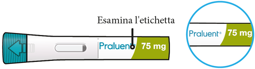 Penna precompilata blu e verde con indicazione &ldquo;Praluent 75 mg&rdquo; e freccia che indica l&rsquo;estremit&agrave; dell&rsquo;ago