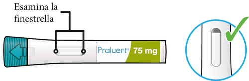 Penna precompilata Praluent 75mg con indicatore di dose e freccia blu, evidenziata da un cerchio con spunta verde