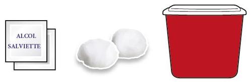 Salviette imbevute di alcol, due batuffoli di cotone bianchi e un contenitore rosso con coperchio bianco