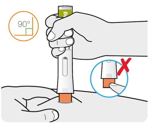 Mano che tiene un dispositivo per iniezione con ago inserito nella pelle, angolo di 90 gradi indicato, con una croce rossa su un