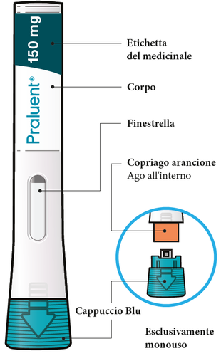 Penna per iniezione Pralluent con etichetta 150mg, corpo, finestrella, ago arancione e cappuccio blu, dettaglio ago esclusivo monouso