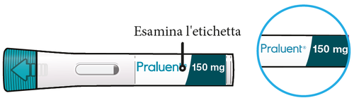 Penna per iniezione Praluent con dosaggio da 150mg, evidenziata da un cerchio blu e freccia che indica l