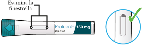 Penna precompilata Praluent 150mg con freccia blu che indica la finestra di controllo e spunta verde su indicatore di dose