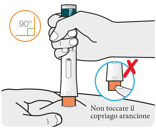 Mano che tiene una penna per iniezione con ago inserito nella pelle, angolo di 90 gradi indicato, copriago arancione non toccare, croce rossa su iniezione errata
