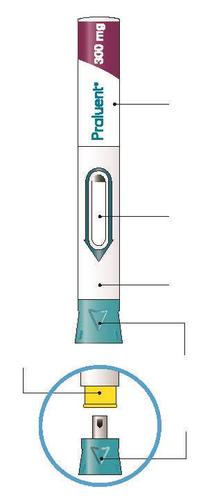 Penna per iniezione Prulent con indicatore di dose 300mg e dettaglio dell&rsquo;ago di colore giallo circondato da un cerchio azzurro
