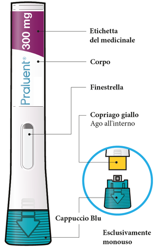 Penna preraempita con etichetta viola, corpo bianco, cappuccio blu e ago protetto da copriago giallo e finestra trasparente
