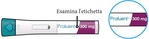 Penna precompilata Praluent 300mg con indicazione freccia e cerchio blu che evidenzia l