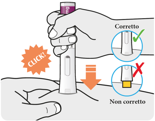 Penna iniettabile con indicazione freccia verso il basso e scatto udibile, con esempi di utilizzo corretto e scorretto e spunta verde